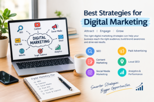 Best strategies for digital marketing shown in a modern workspace with a laptop displaying SEO, content marketing, social media, paid advertising, local SEO, and analytics concepts.
