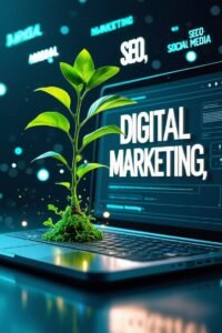 “Digital marketing concept with a growing plant emerging from a laptop, symbolizing business growth through SEO, social media, and digital marketing strategies.”
